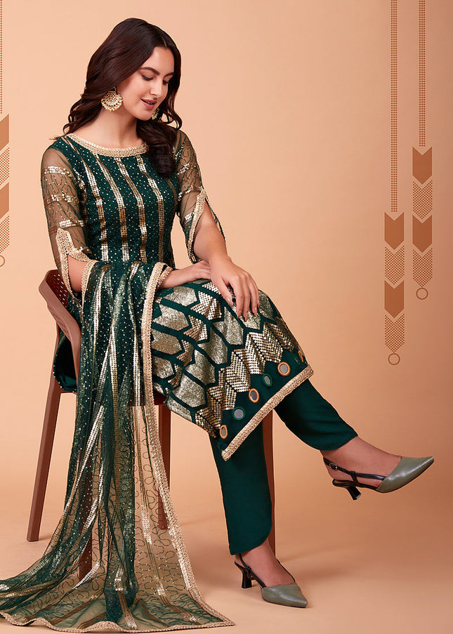 Green and Gold Embroidered Straight Pant Suit