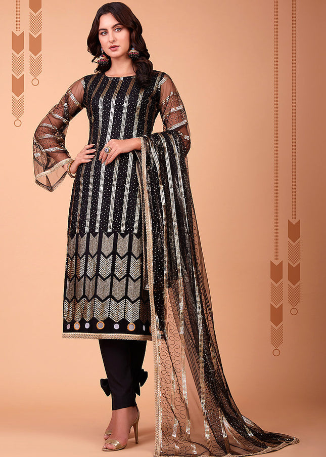 Black and Gold Embroidered Straight Pant Suit