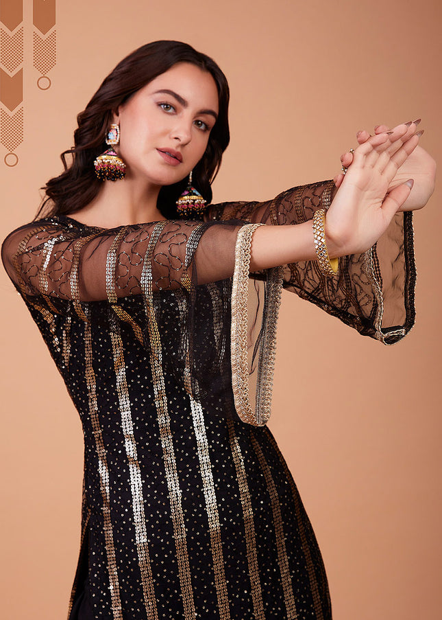 Black and Gold Embroidered Straight Pant Suit