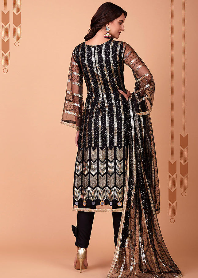 Black and Gold Embroidered Straight Pant Suit