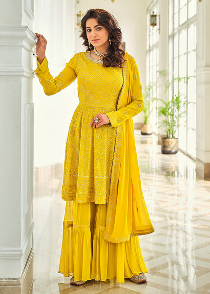 Yellow and Gold Embroidered Gharara Suit