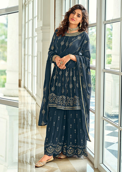 Blue and Gold Embroidered Gharara Suit