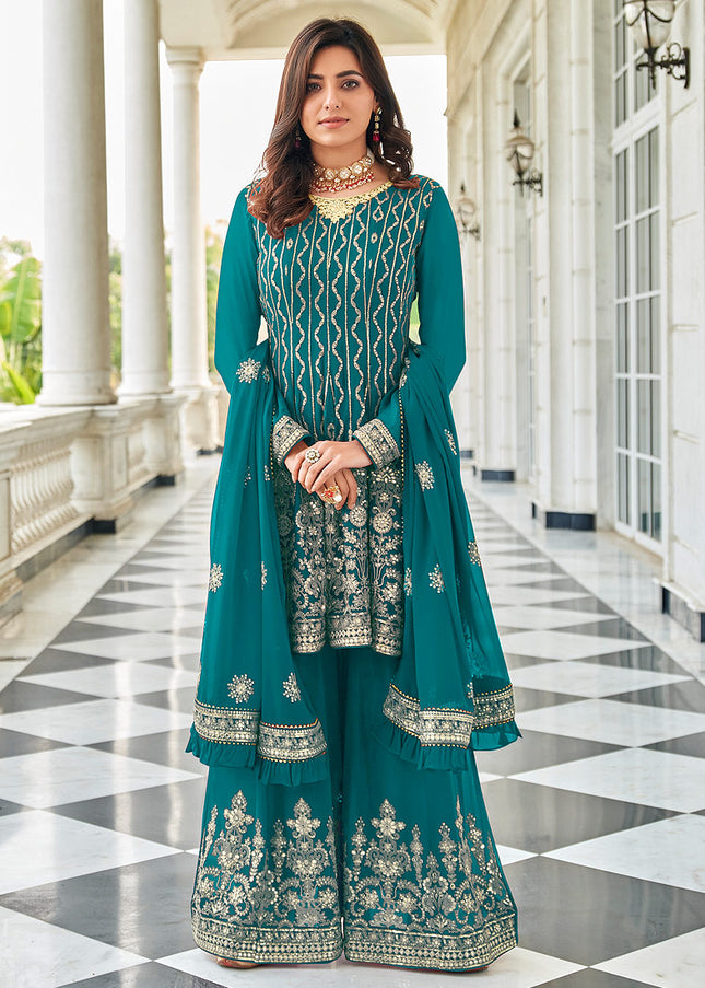 Teal and Gold Embroidered Sharara Suit