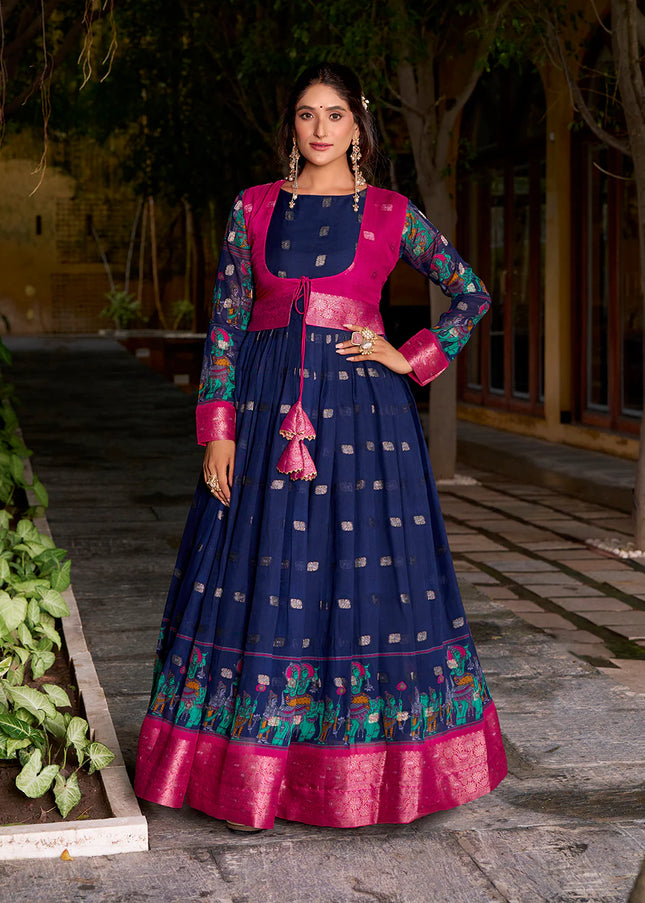Navy Blue and Pink Printed and Embroidered Jacket Style Anarkali Gown