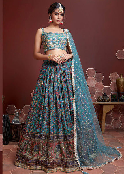 Sky Blue and Gold Embroidered Lehenga