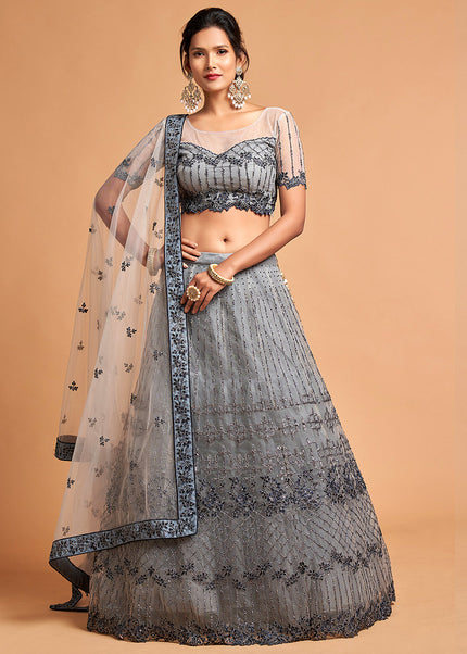 Grey and Blue Embroidered Lehenga