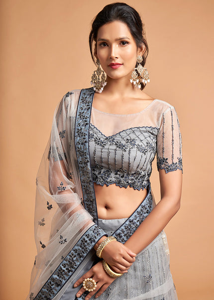 Grey and Blue Embroidered Lehenga