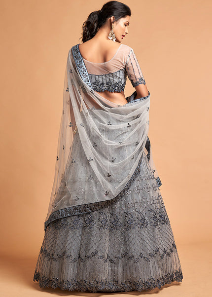 Grey and Blue Embroidered Lehenga