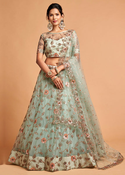 Sky Blue and Gold Embroidered Lehenga