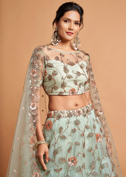 Sky Blue and Gold Embroidered Lehenga