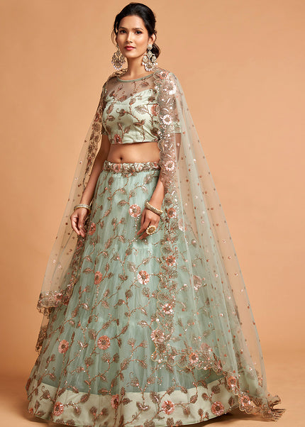 Sky Blue and Gold Embroidered Lehenga