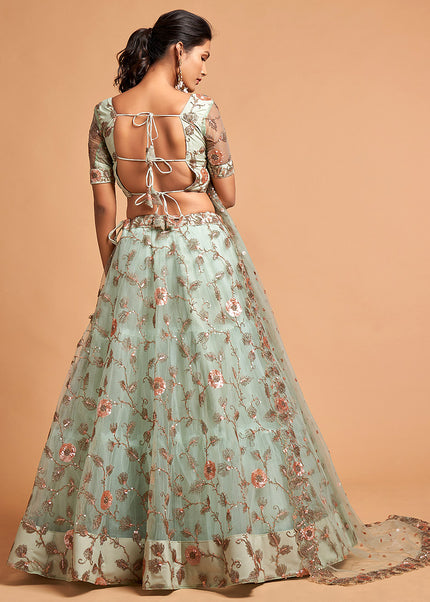 Sky Blue and Gold Embroidered Lehenga