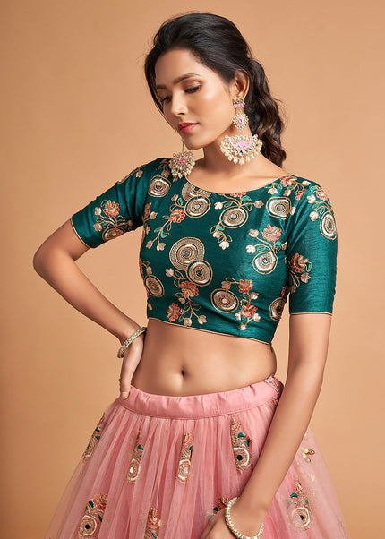 Pink and Green Embroidered Lehenga