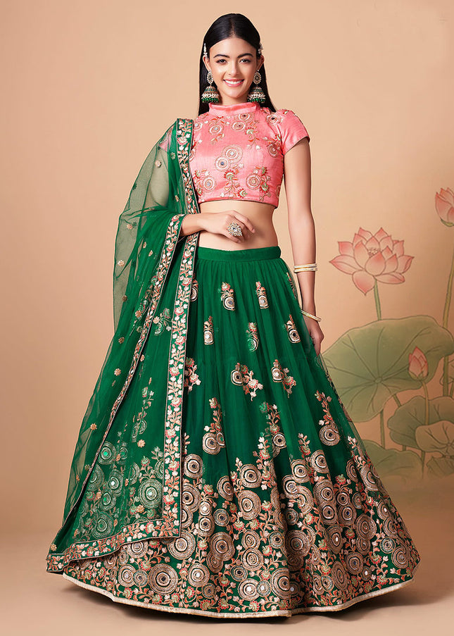 Green and Peach Embroidered Lehenga
