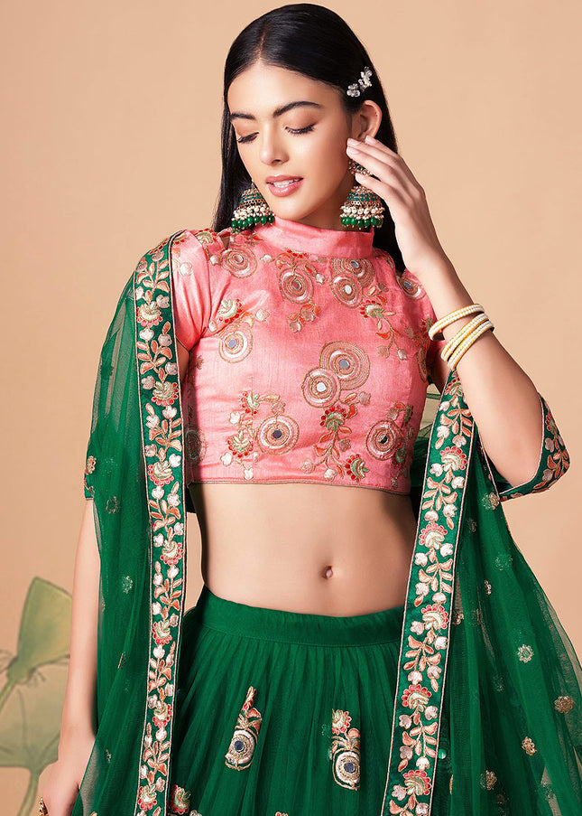 Green and Peach Embroidered Lehenga