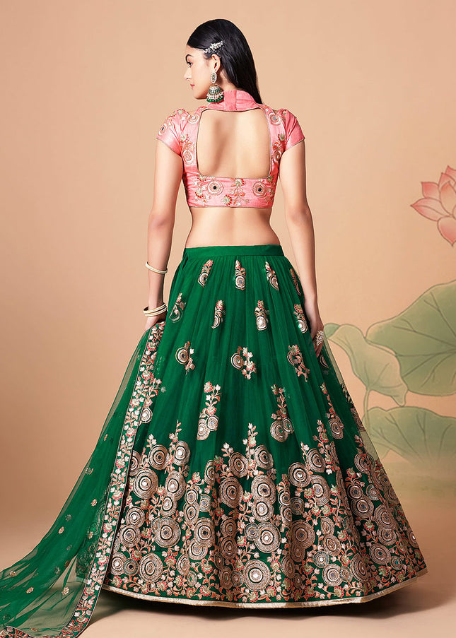 Green and Peach Embroidered Lehenga