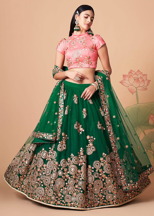 Green and Peach Embroidered Lehenga