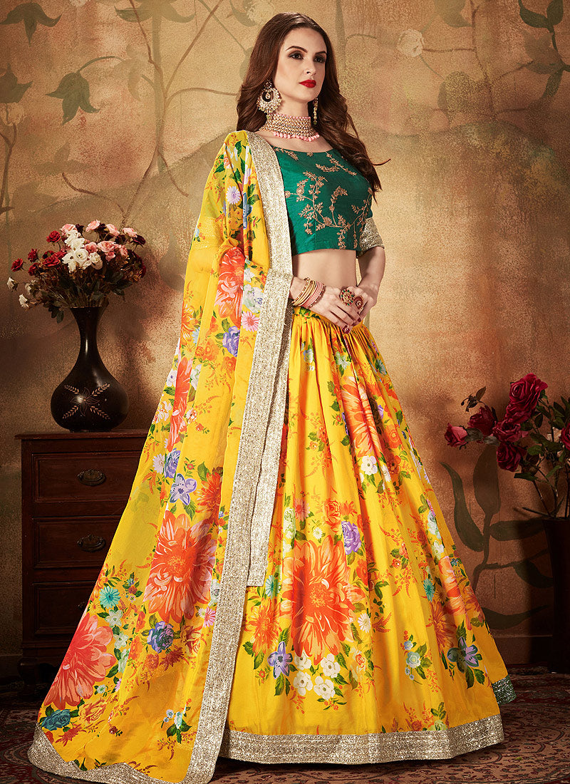 Banarasi silk circular lehenga choli in Yellow colour 5411