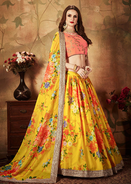 Yellow and Peach Embroidered + Printed Lehenga