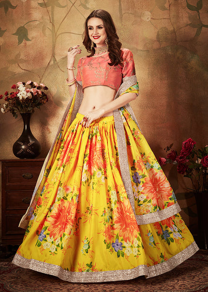 Yellow and Peach Embroidered + Printed Lehenga