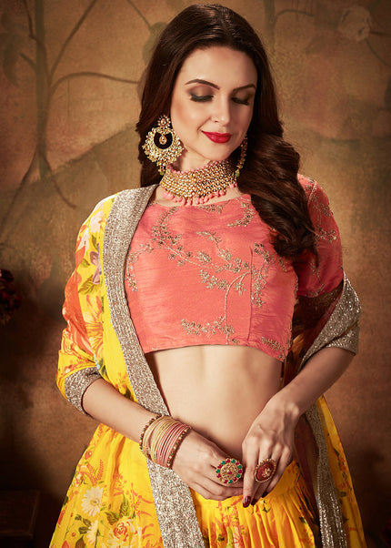 Yellow and Peach Embroidered + Printed Lehenga