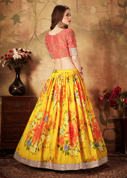 Yellow and Peach Embroidered + Printed Lehenga