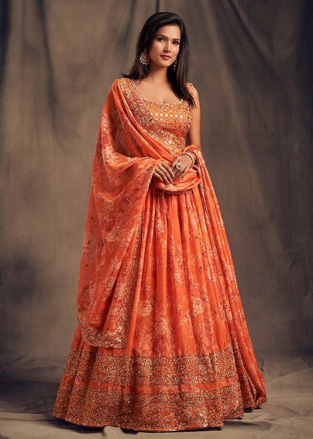 Orange Floral Printed + Embroidered Lehenga