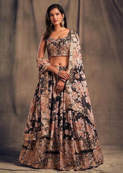 Black Floral Printed + Embroidered Lehenga