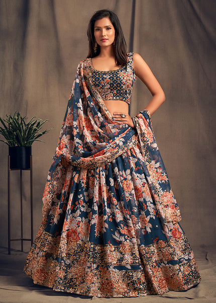 Blue Floral Printed + Embroidered Lehenga