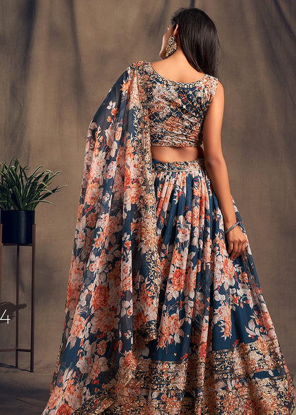 Blue Floral Printed + Embroidered Lehenga