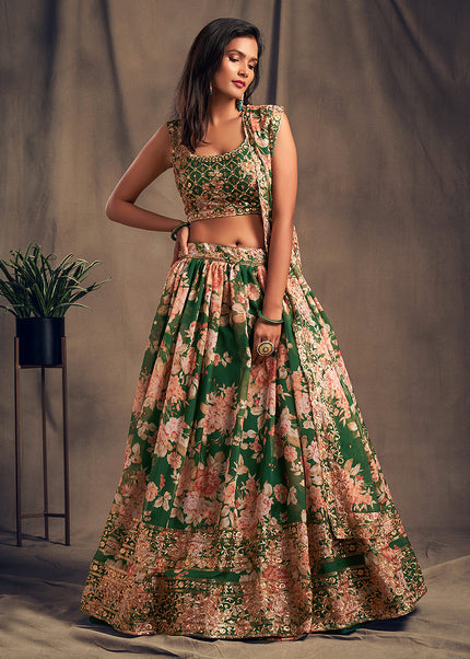 Green Floral Printed + Embroidered Lehenga