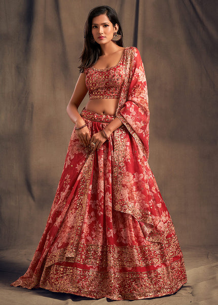 Red Floral Printed + Embroidered Lehenga