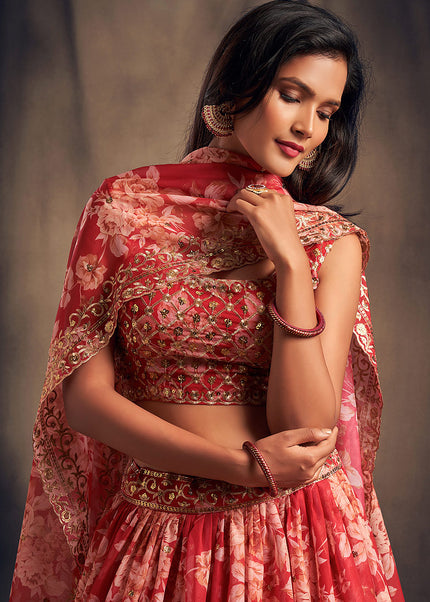 Red Floral Printed + Embroidered Lehenga