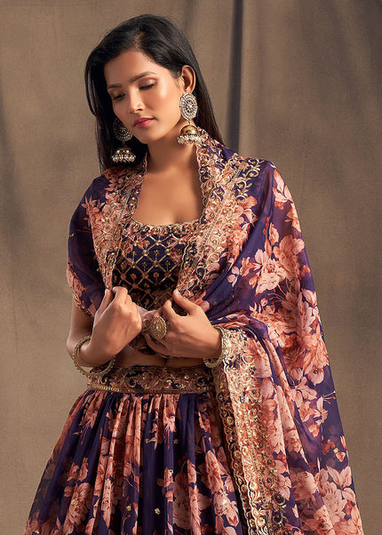 Purple Floral Printed + Embroidered Lehenga