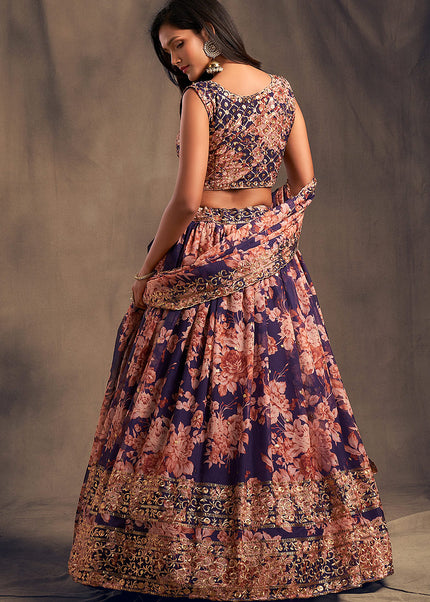 Purple Floral Printed + Embroidered Lehenga