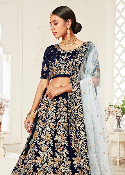 Navy Blue and Gold Embroidered Lehenga