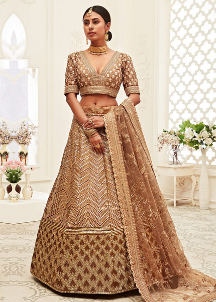Brown and Gold Embroidered Lehenga