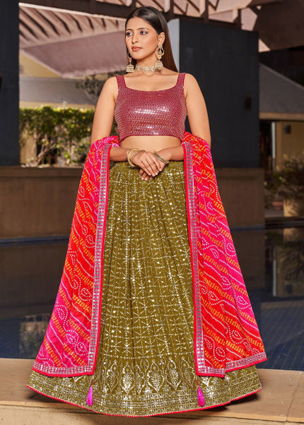 Green and Pink Embroidered Lehenga Choli