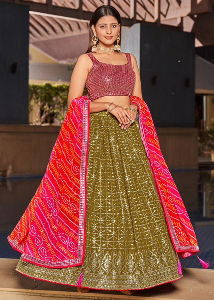 Green and Pink Embroidered Lehenga Choli