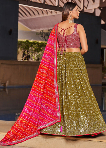 Green and Pink Embroidered Lehenga Choli