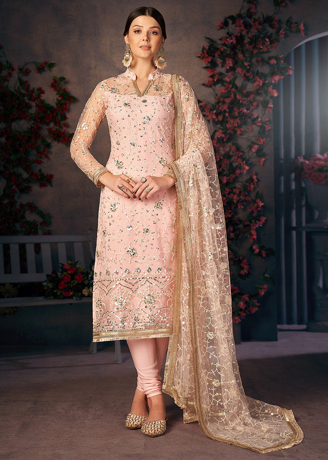 Light Peach and Gold Embroidered Pant Style Suit