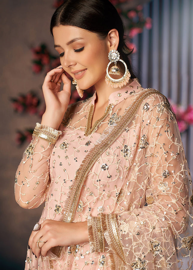 Light Peach and Gold Embroidered Pant Style Suit