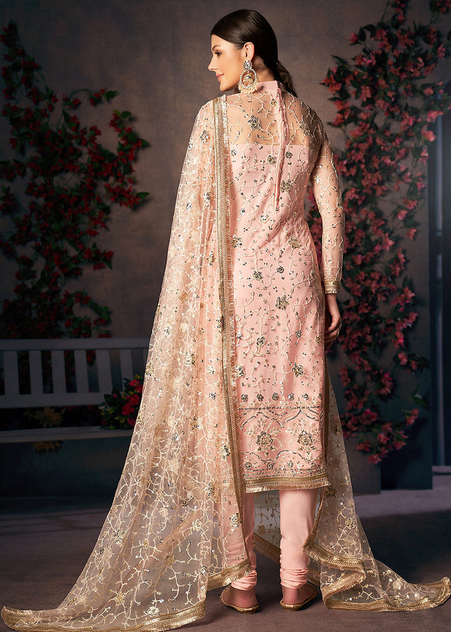 Light Peach and Gold Embroidered Pant Style Suit