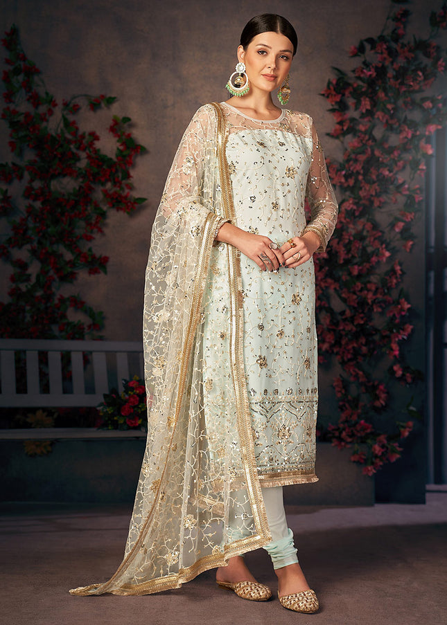 Light Blue and Gold Embroidered Pant Style Suit