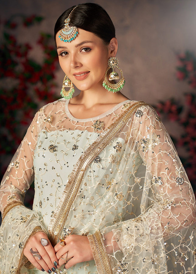 Light Blue and Gold Embroidered Pant Style Suit