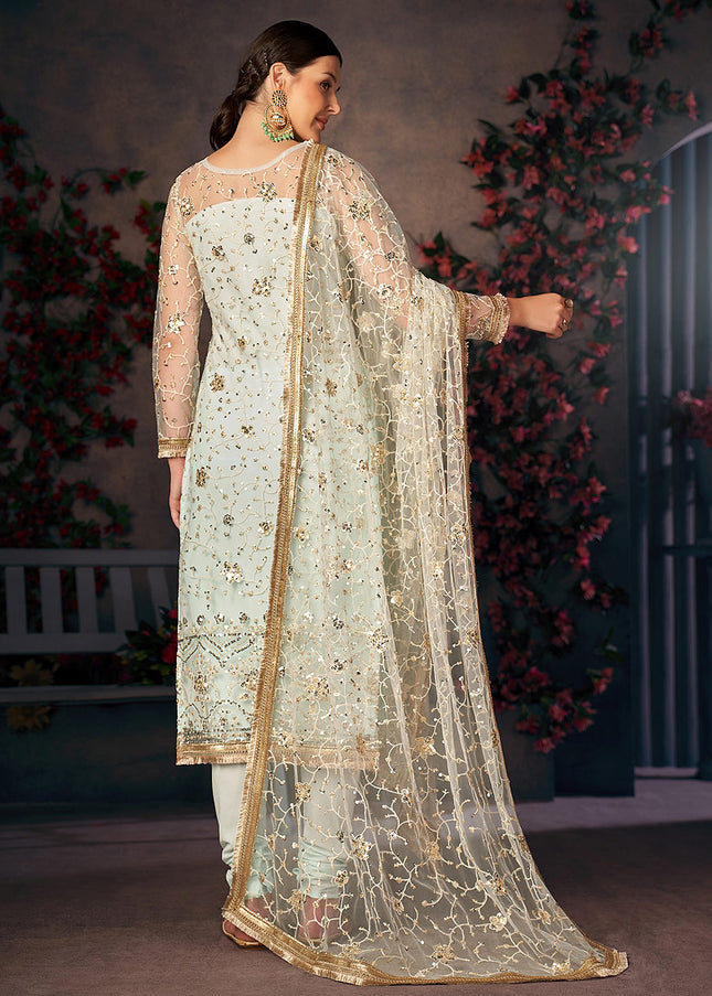 Light Blue and Gold Embroidered Pant Style Suit