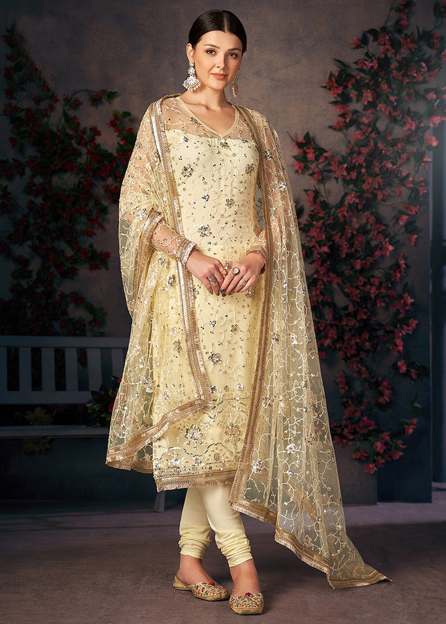 Cream and Gold Embroidered Pant Style Suit