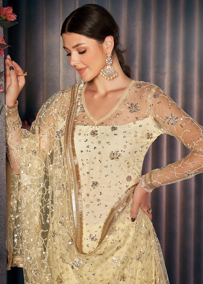 Cream and Gold Embroidered Pant Style Suit