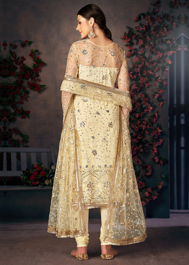 Cream and Gold Embroidered Pant Style Suit