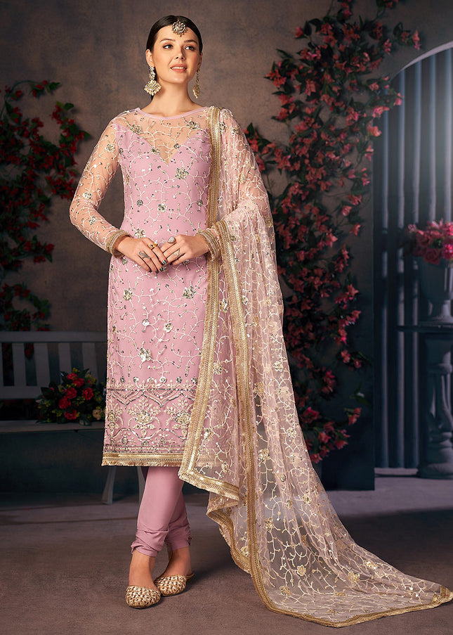 Pink and Gold Embroidered Pant Style Suit